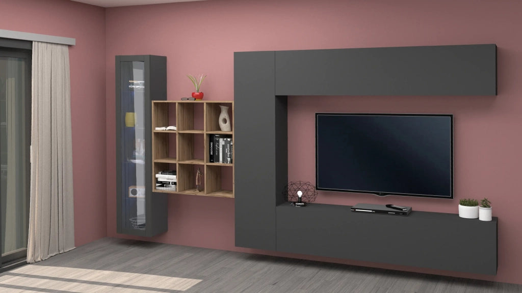 Parete TV attrezzata sospesa pensile antracite vetrina libreria moderna Femir RT