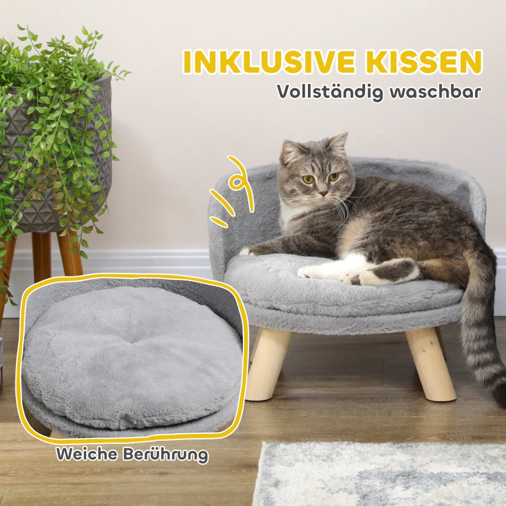Letto per animali con cuscino lavabile in lavatrice, piedi antiscivolo in legno di pino grigio Ø40,5 × 33 cm
