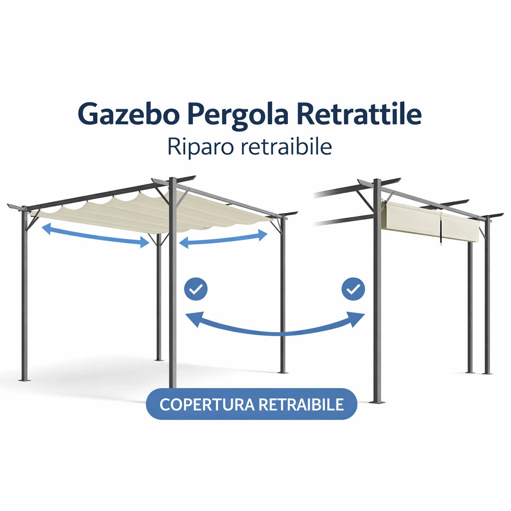 Pergola Gazebo Retrattile 3x3 Beige Anti UV Impermeabile da Giardino Esterno