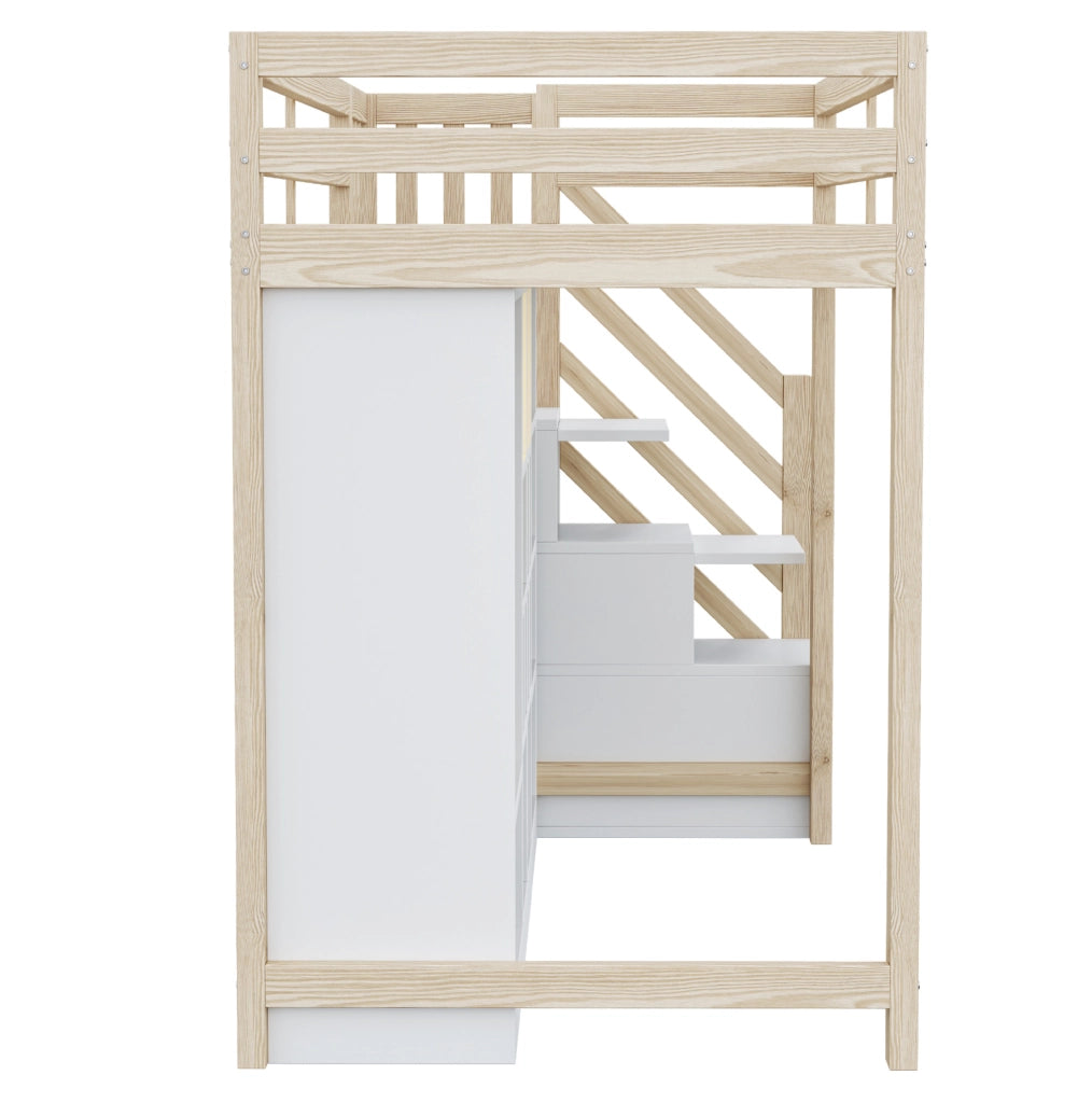 Hochbett 90x200 cm in legno con contenitore; LED integrata e scala laterale; bianco e naturale