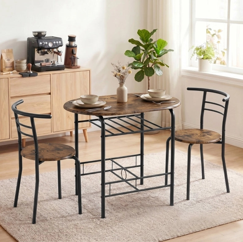 Set tavolo da pranzo 3 pezzi per 2 persone con ripiano; 80x52x76 cm; marrone rustico