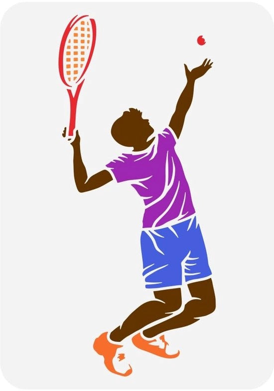 Stencile per pittura - Modello di tennista - Rimpiazzabile - 21 x 29,7 cm - Tema sportivo Decorazione - Adatto per parete in legno - Bianco