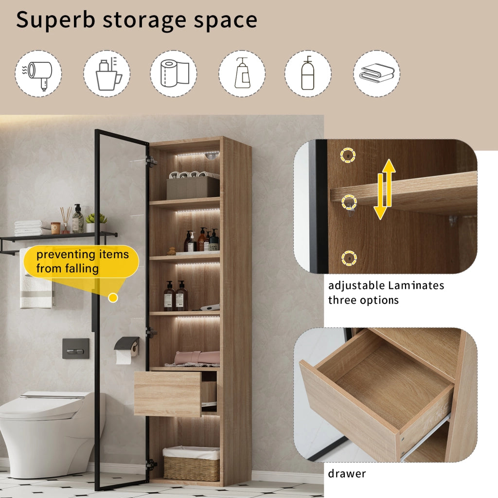 Armadietto da bagno compatto con vani aperti e anta in vetro temperato, per bagno e soggiorno, in MDF, naturale