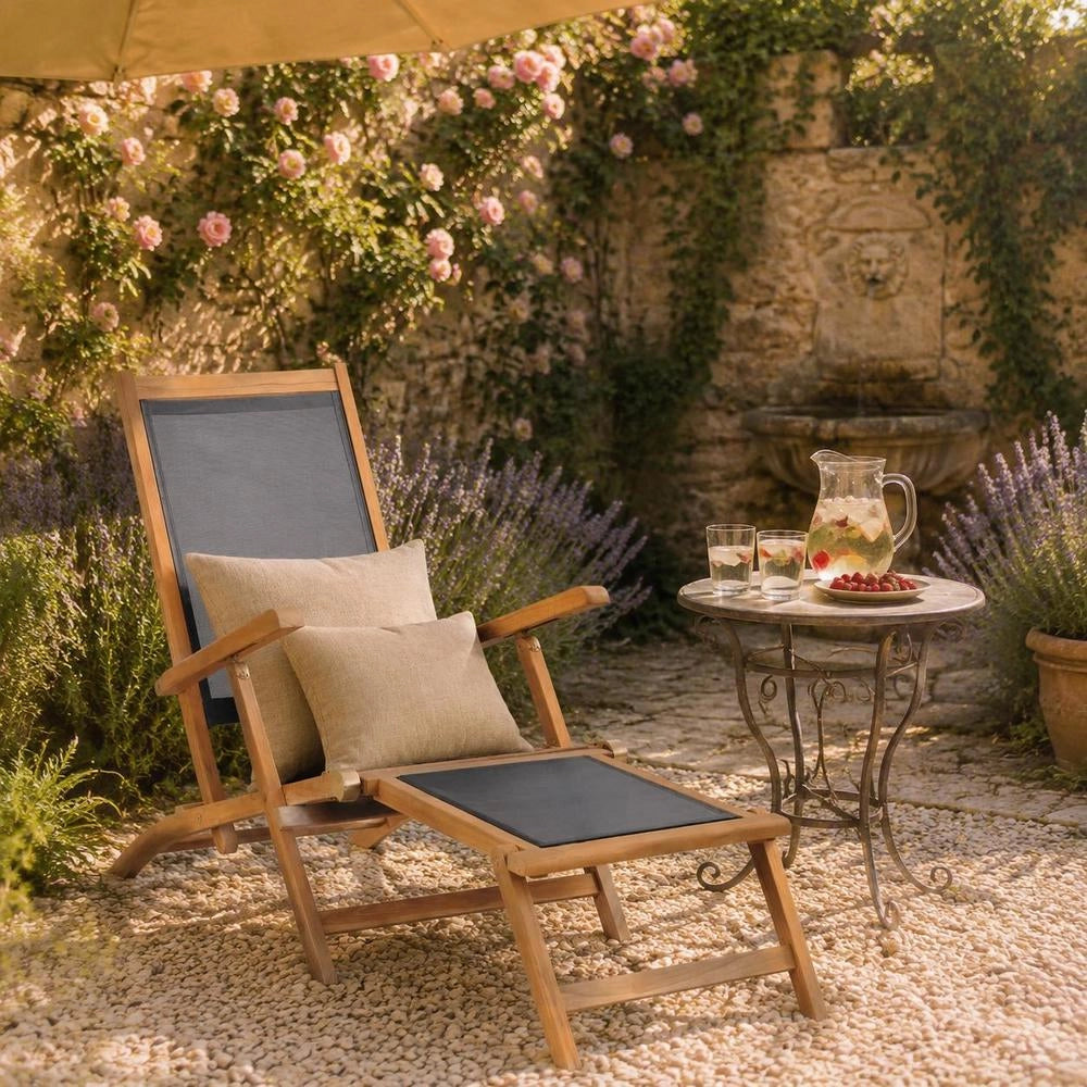 Sun Lounger With Footrest, Solid Teak Wood, Black