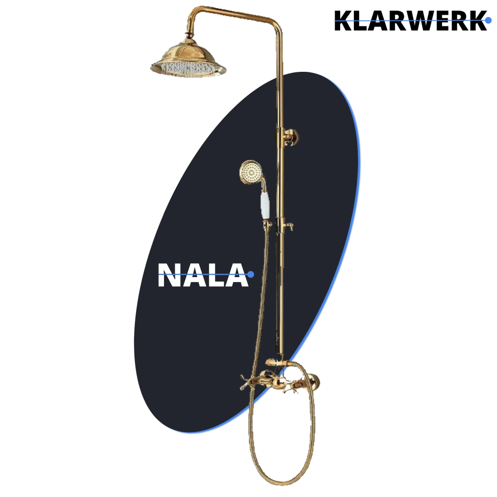 NALA | Set doccia a pioggia vintage in acciaio inossidabile lucido oro | Sistema doccia con rubinetto dal design retrò | Miscelatore doccia completo