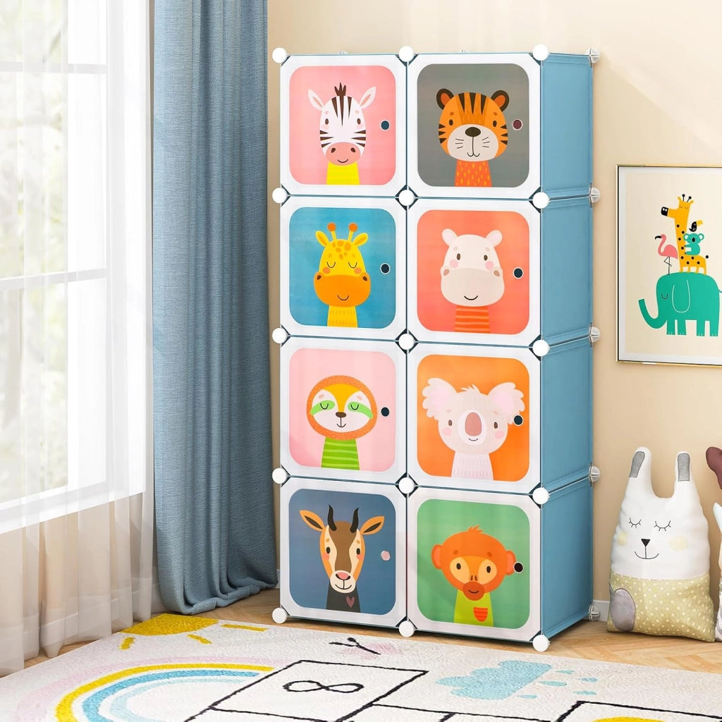 Guardaroba Portatile per Bambini, Armadio Guardaroba Modulare per Bambini con 8 Cubi, per Soggiorno, Camera da Letto, 75 x 35 x 145 cm (Blu)