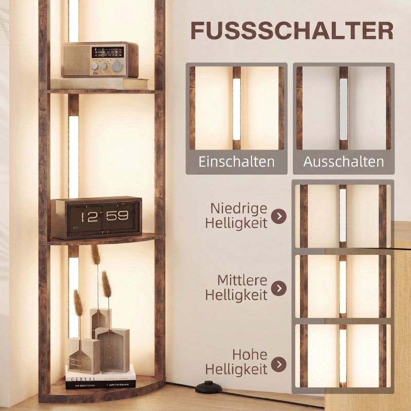 Lampada da terra a LED con ripiani, dimmerabile a 5 livelli, lampada da terra moderna con 3 livelli di luminosit¨¤ e interruttore a pedale, marrone
