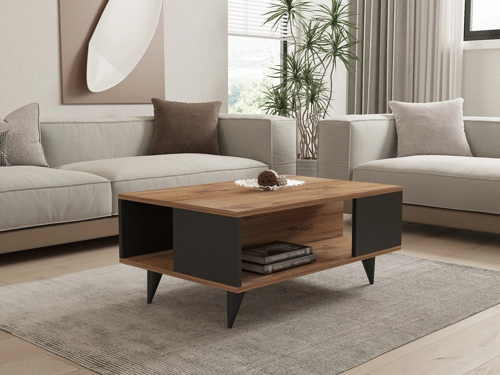 Tavolino in legno "Yuka" - 90 x 60 x 39 cm - Noce, Nero