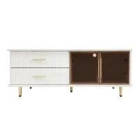 Tavolino da Salotto Moderno con Top Effetto Marmo e Porta in Vetro Temperato, Cassetti Ondulati, Maniglie e Gambe Dorate, 100x50x40 cm, Bianco