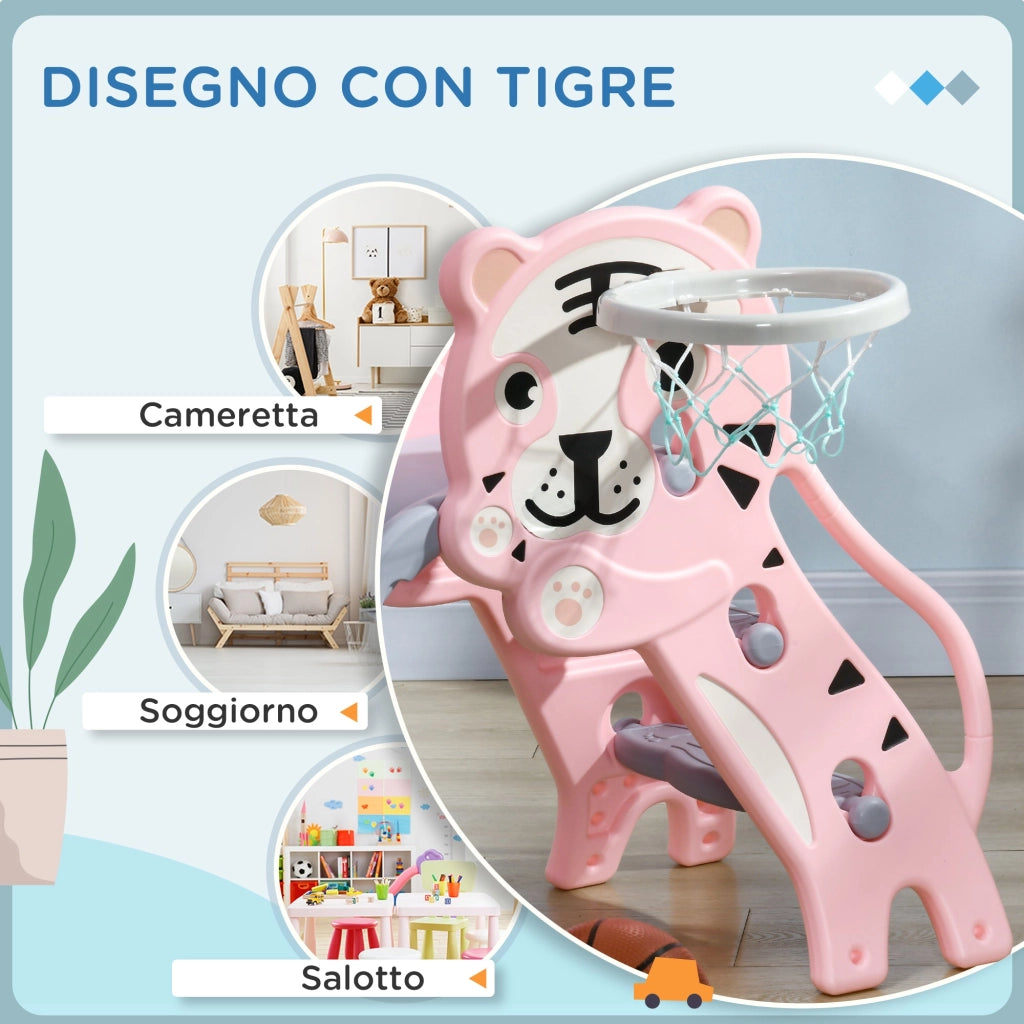 Scivolo per Bambini 18-36 Mesi 133x60x70 cm con Canestro da Basket Rosa e Grigio