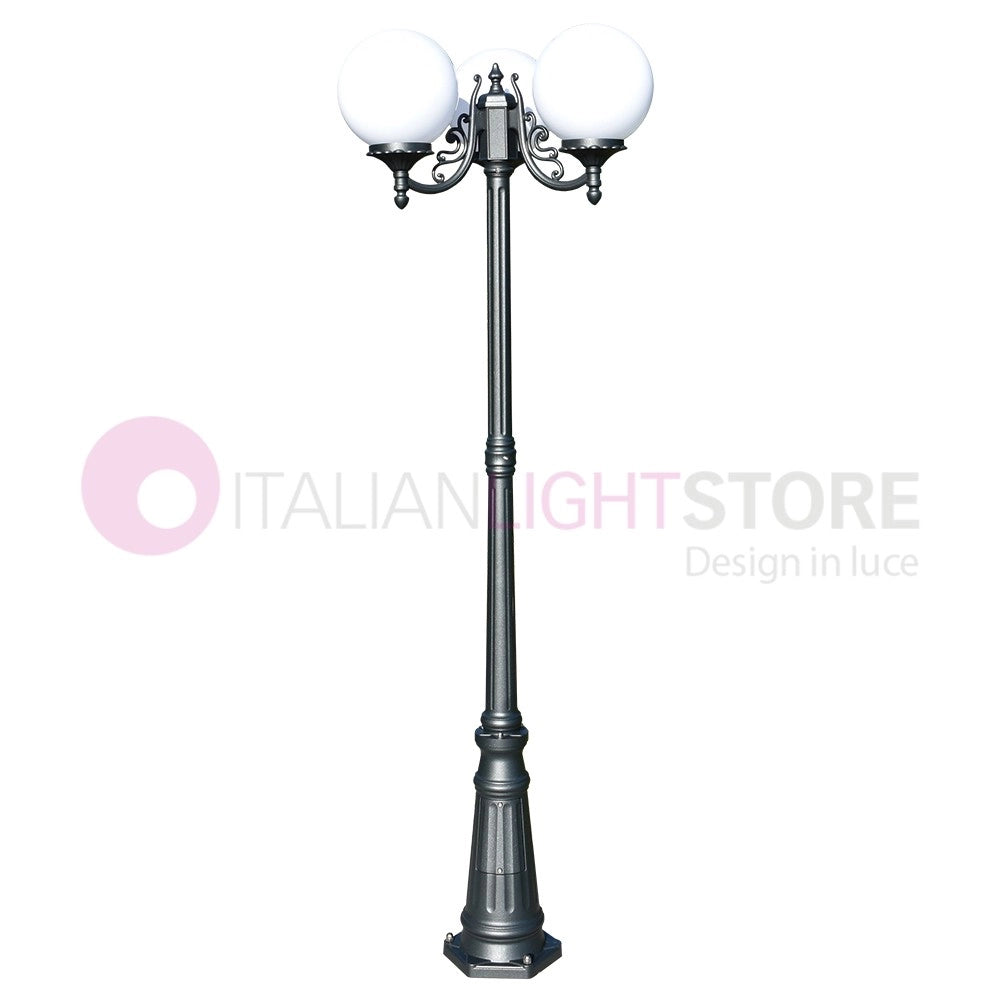 ORIONE ANTRACITE Lampione a 3 luci per Esterno Giardino con sfere globi policarbonato d.25