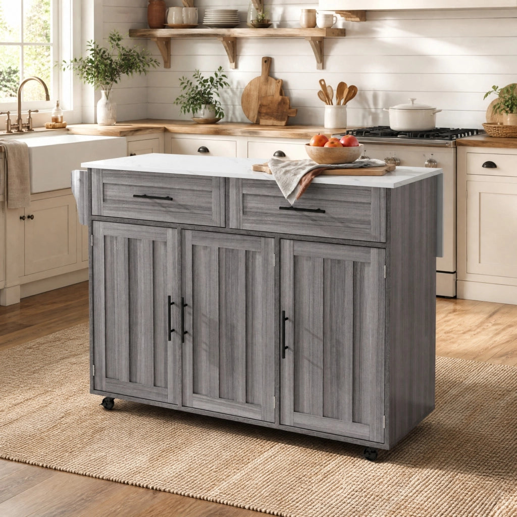 Carrello da cucina con 2 cassetti e 3 vani, per cucina, in MDF, grigio e bianco, 129 × 71 × 91,5 cm