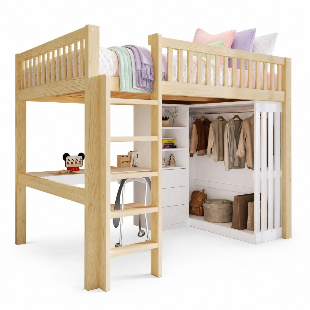 Letto a soppalco 140x200 cm con scrivania, armadio e 3 cassetti