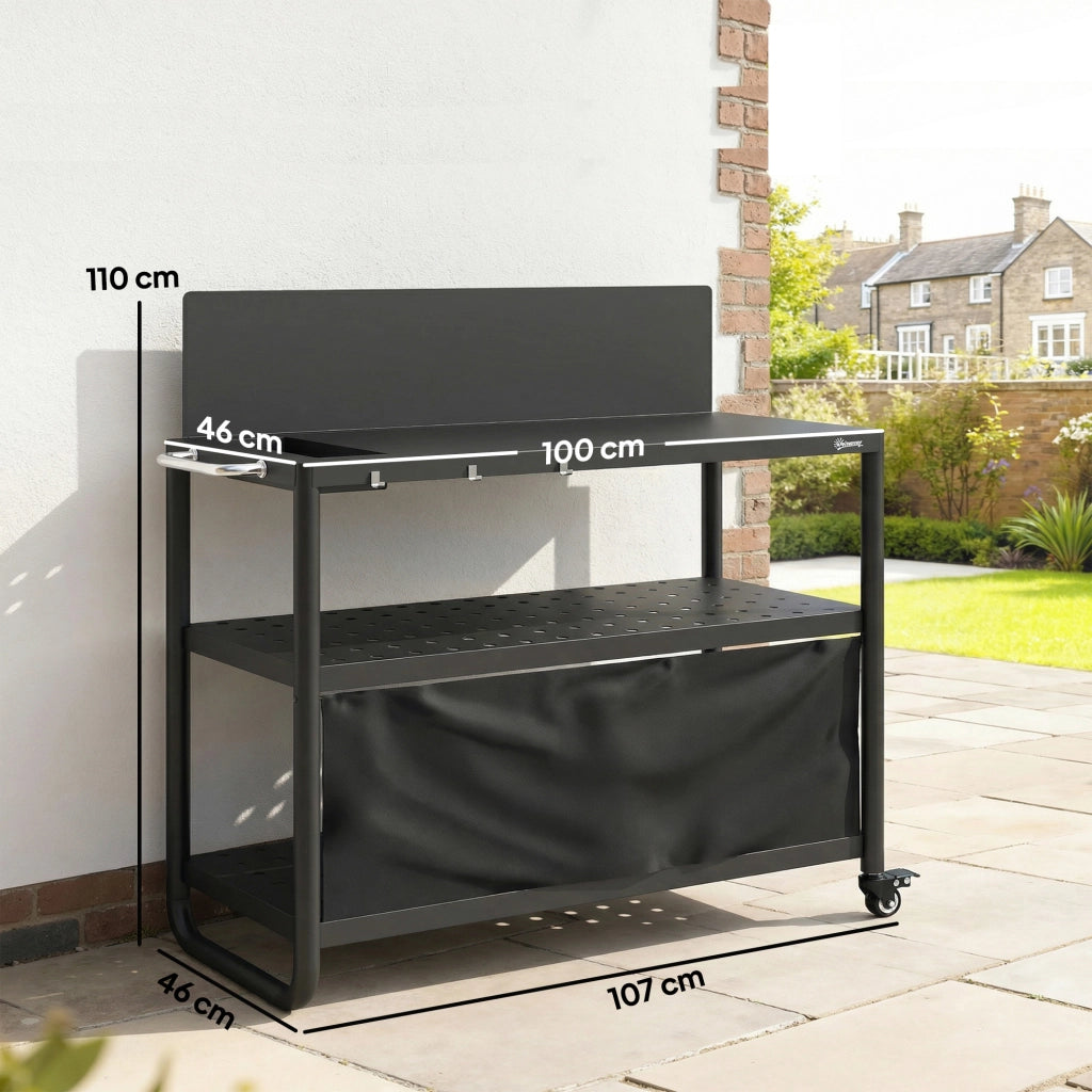 Carrello Barbecue Mobile 3 Livelli con Paravento ¨C zephmum ¨C 100x46x110cm Nero