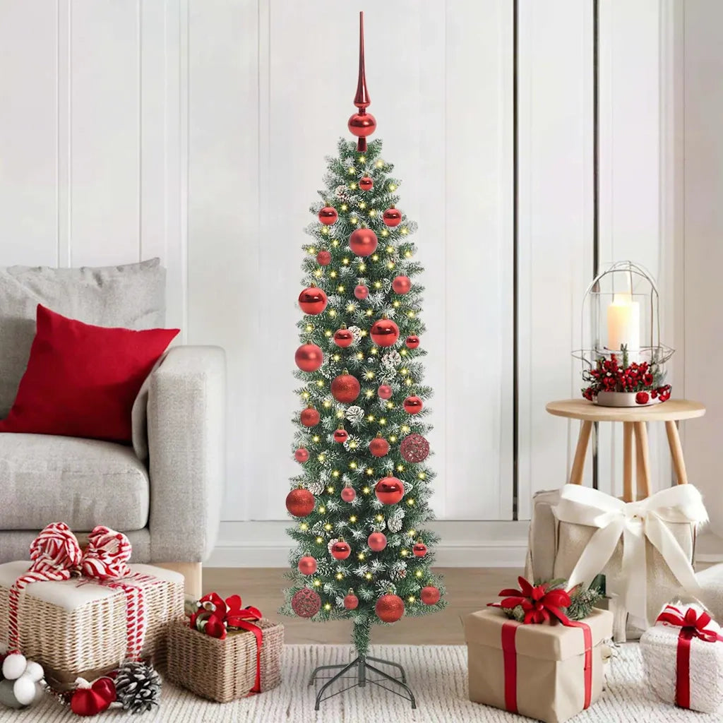 Albero di Natale Artificiale Sottile Verde e Bianco 150 cm