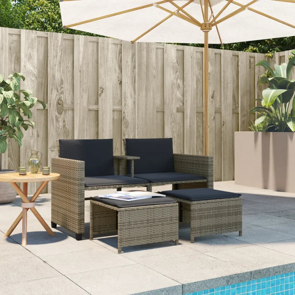 Divano Giardino 2 Posti-Sofa da giardino con Tavolo e Sgabelli Grigio Polyrattan