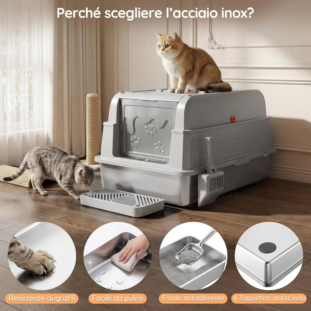Lettiera Gatto Acciaio Inox, Lettiera Chiusa Acciaio Inox XXXL, Toilette Per Gatti 3 In 1, Con Set Deodorante E Paletta, Per Gatti Fino A 20 Kg，Grigio Chiaro