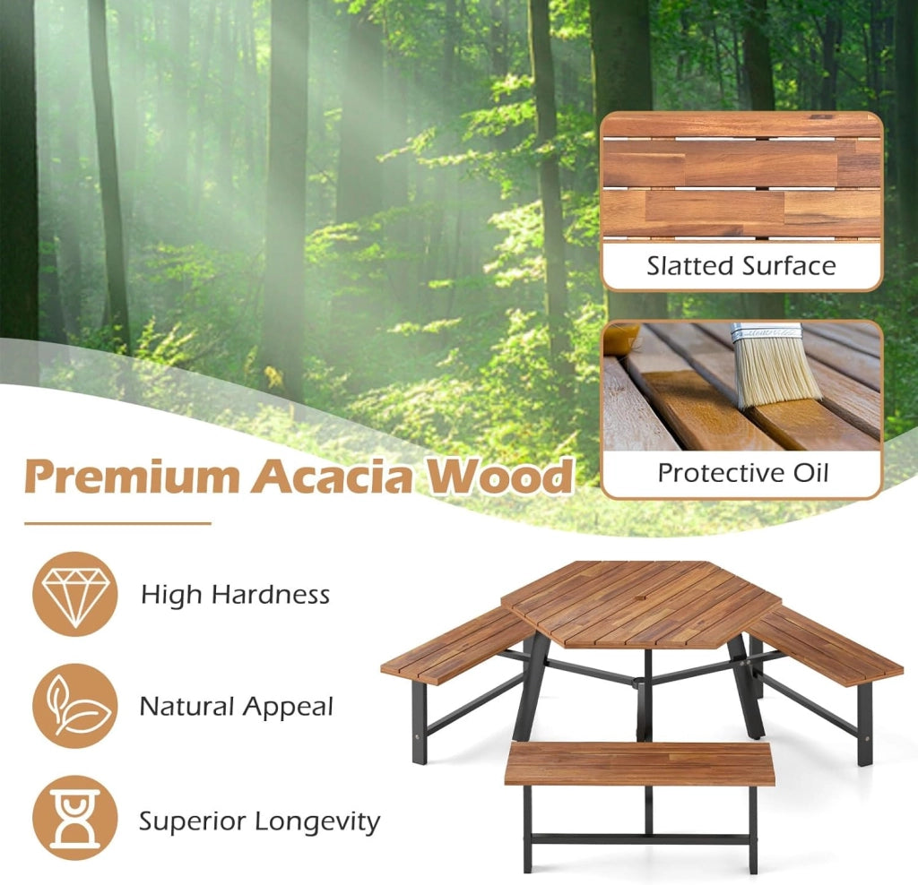 Tavolo da Picnic per 6 Persone, Tavolo da Giardino in Legno di Acacia con Foro per Ombrellone e 3 Panche Integrate, Set da Pranzo Resistente alle Intemperie per Terrazza, Cortile, Giardino