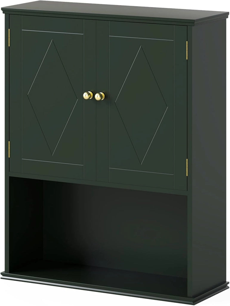 Mobile da Bagno, Armadietto a 2 Ante con Ripiano Regolabile, Armadio da Parete con Mensola Semi-aperta per Asciugamani, Prodotti per la Cura della Pelle e Articoli da Bagno (Verde)