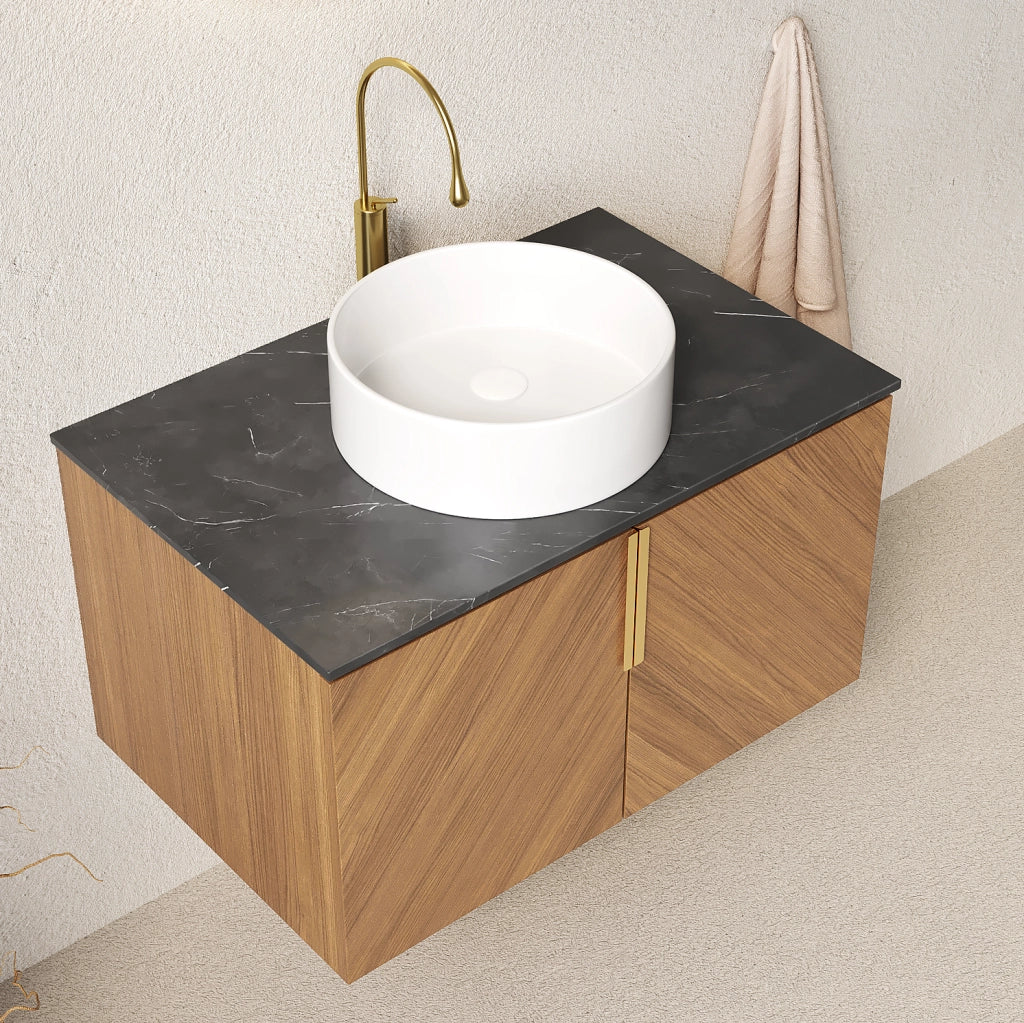Mobile lavabo sospeso 76 cm in compensato marrone, lavabo bianco, vano portaoggetti –