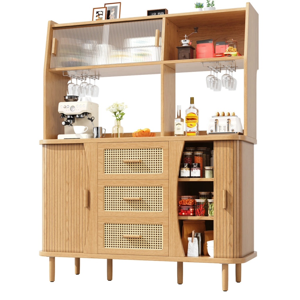 Credenza 140x40.5x174.5 cm con ante scorrevoli in vetro; 3 cassetti e ripiani aperti in MDF e metallo; naturale