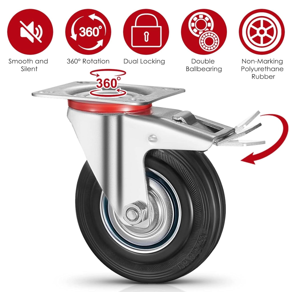 Set di 4 Ruote per Mobili Pesanti con 2 Freno, 200 mm Rotelle Girevoli, Capacità 640 kg, Carrelli Ruotabili a 360°Nessuna Rumorosità, per Pallet, Trolley, Resistenti