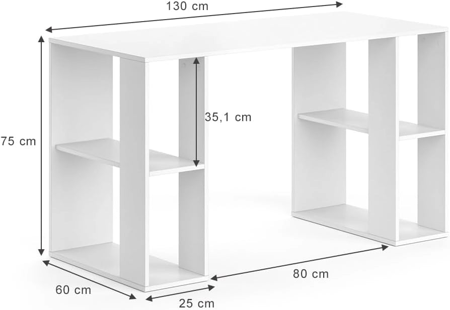 Scrivania con ripiani Arian, Bianco, 130 x 60 cm, con vani portaoggetti laterali aperti per spazio aggiuntivo