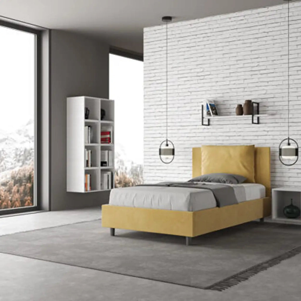 Letto una piazza e mezza contenitore imbottito 120x200 microfibra ocra Antea
