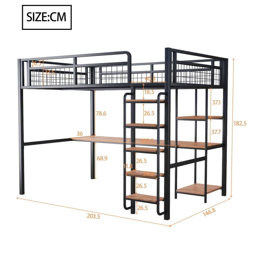 Letto a soppalco 140x200 cm in metallo con scrivania; scaffali e scala; nero