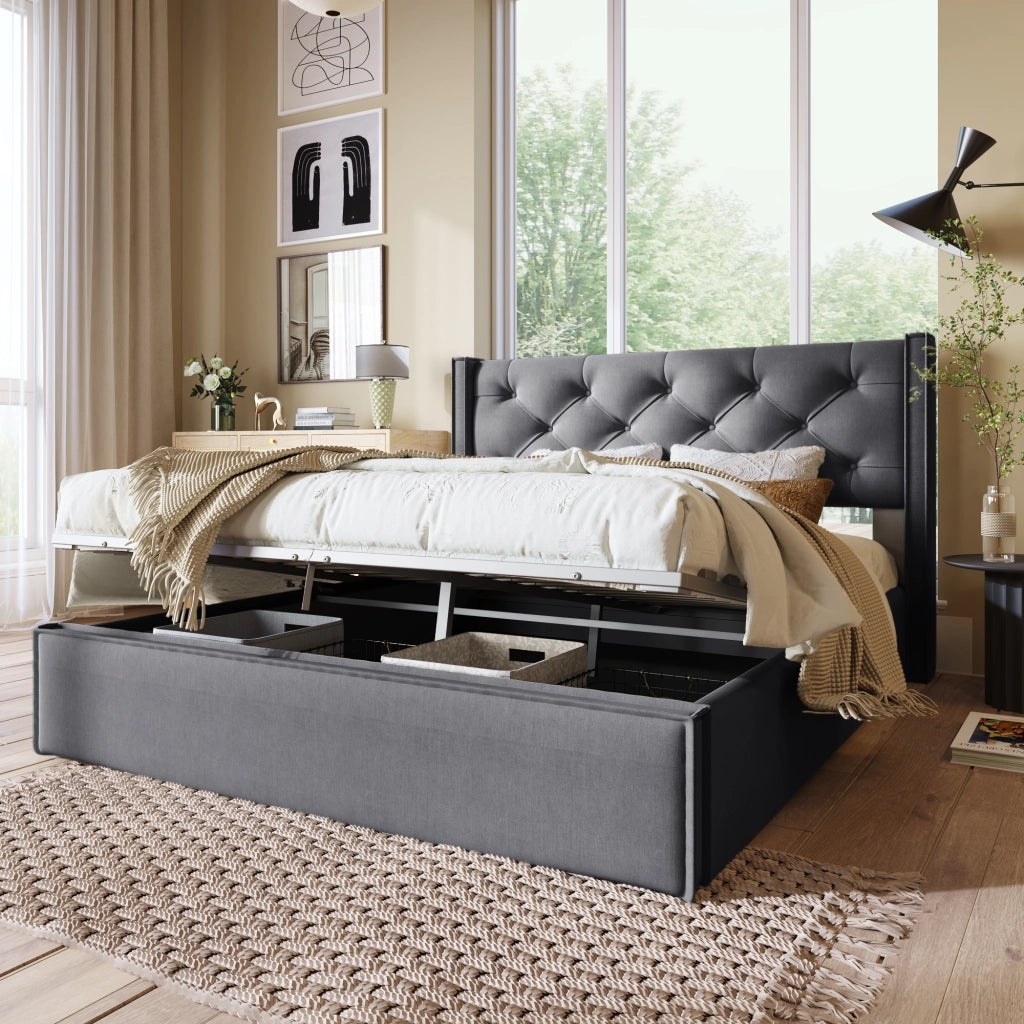 OKWISH Letto Contenitore 140×200 cm, Letto Matrimoniale con Testiera Imbottita e Vano Contenitore, senza Materasso, in Cotone, Grigio