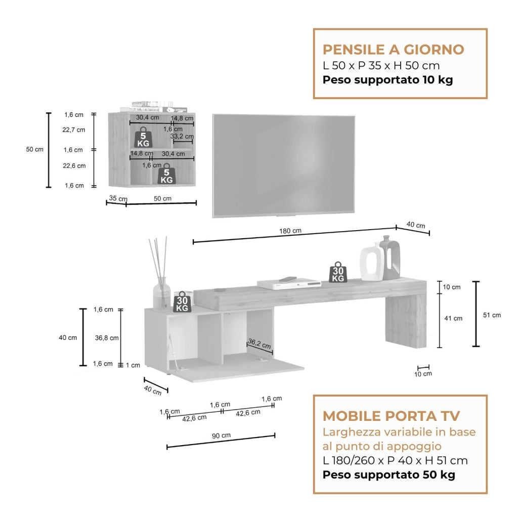WHOUS Parete attrezzata Chronos set soggiorno tortora opaco e rovere 180/260x40 cm