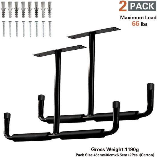Opbergrek con ganci per fissaggio al soffitto, robusti e pratici ganci, ganci per scale adatti per tubi, legno, canne da pesca e sci | 2-pack nero
