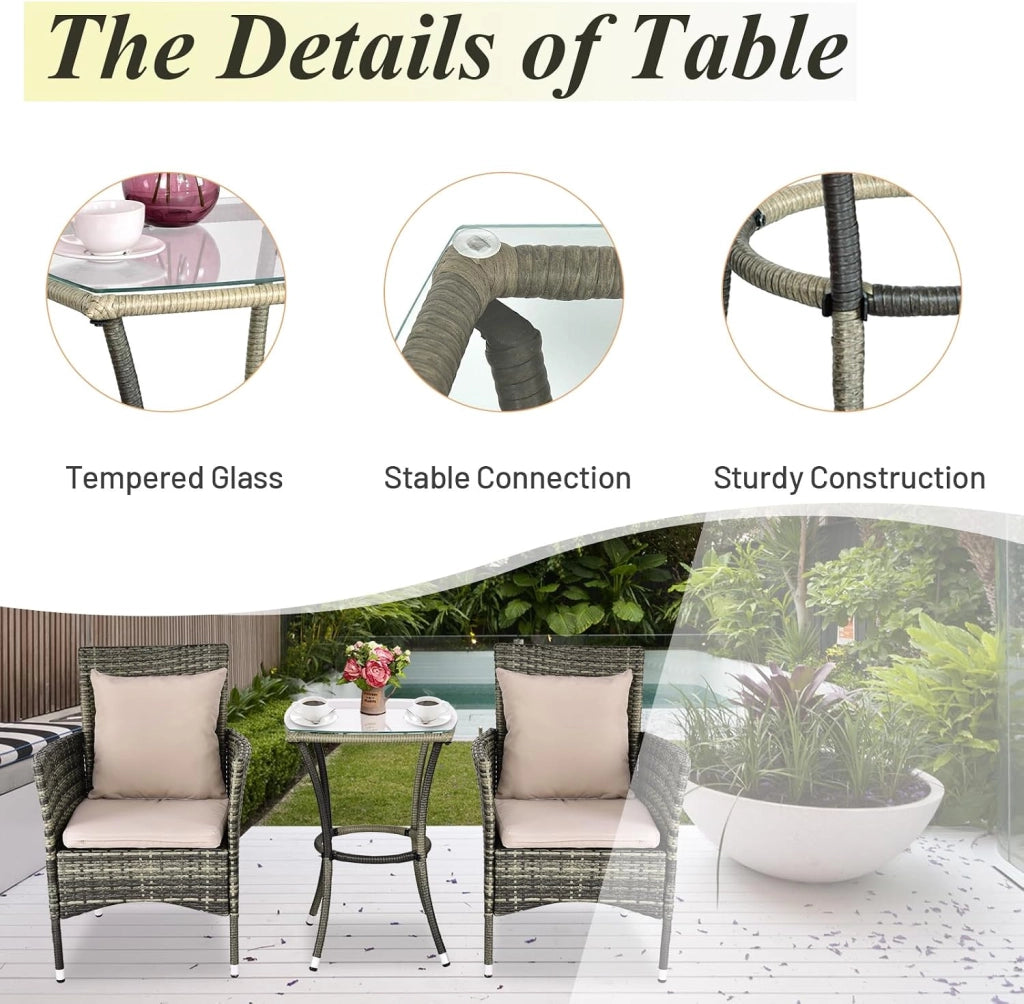 Set Mobili Salotto da Giardino Esterno in Rattan, 1 Tavolino con Piano in Vetro Temperato Portato fino a 45 kg, 2 Poltrone con Cuscino fino a 180 kg