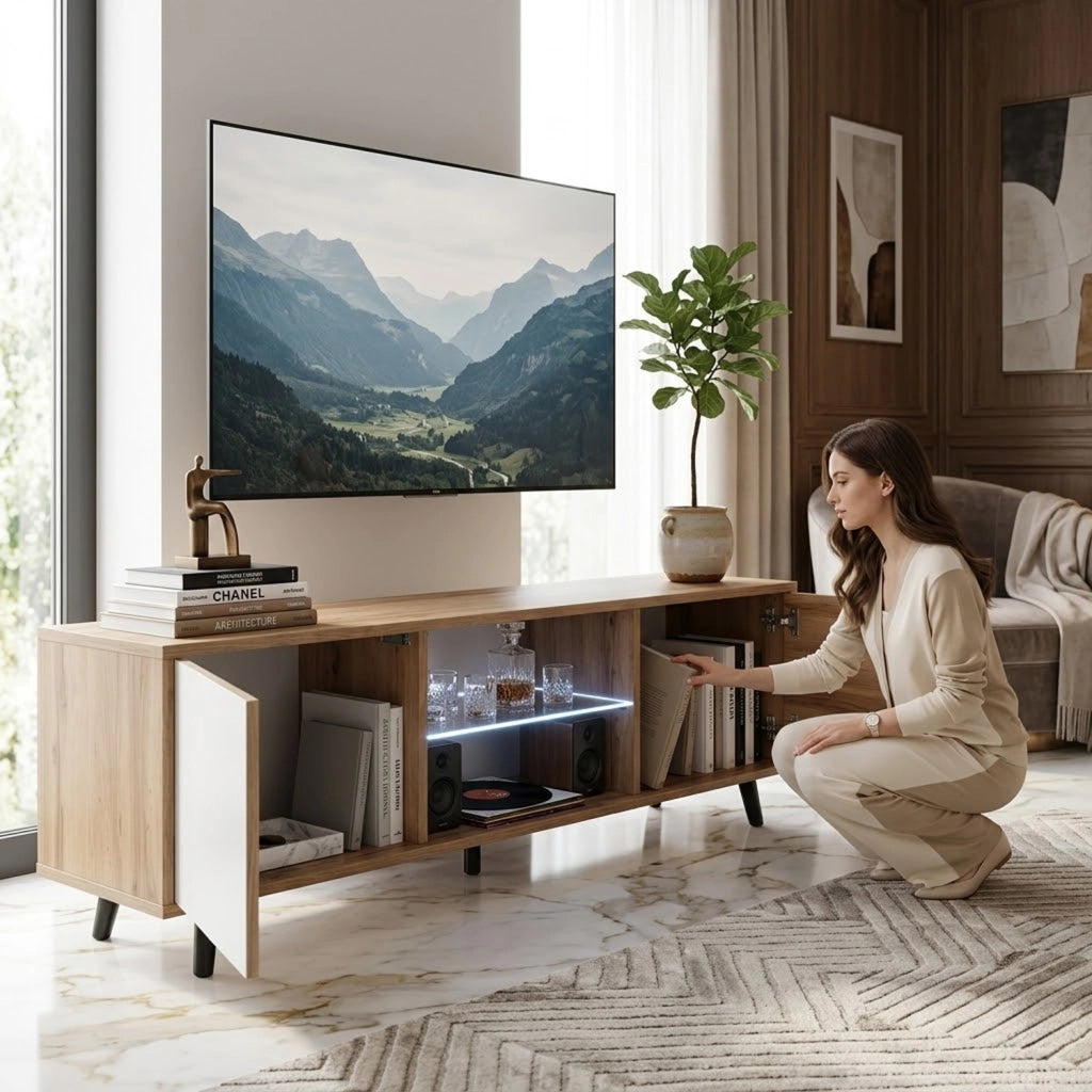 Mobile TV Con 2 Ante Battenti Vano Centrale Con Ripiano In Vetro E LED Porta Televisore In Melaminico Piedini In Metallo Per Soggiorno Salotto Zona Living 140 X 31.5 X 40 Cm Rovere