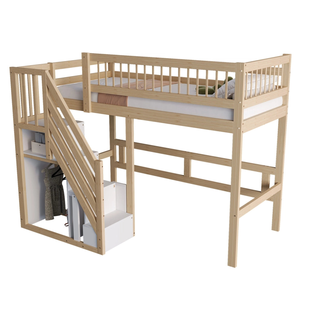 Letto singolo 90x200 cm in legno naturale con scala contenitore; struttura alta