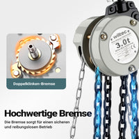 Mini paranco a catena manuale VSK-3, capacità di carico 3 t, altezza di sollevamento 3 m, per sollevare e abbassare carichi pesanti in officine, magazzini e cantieri, per impieghi gravosi