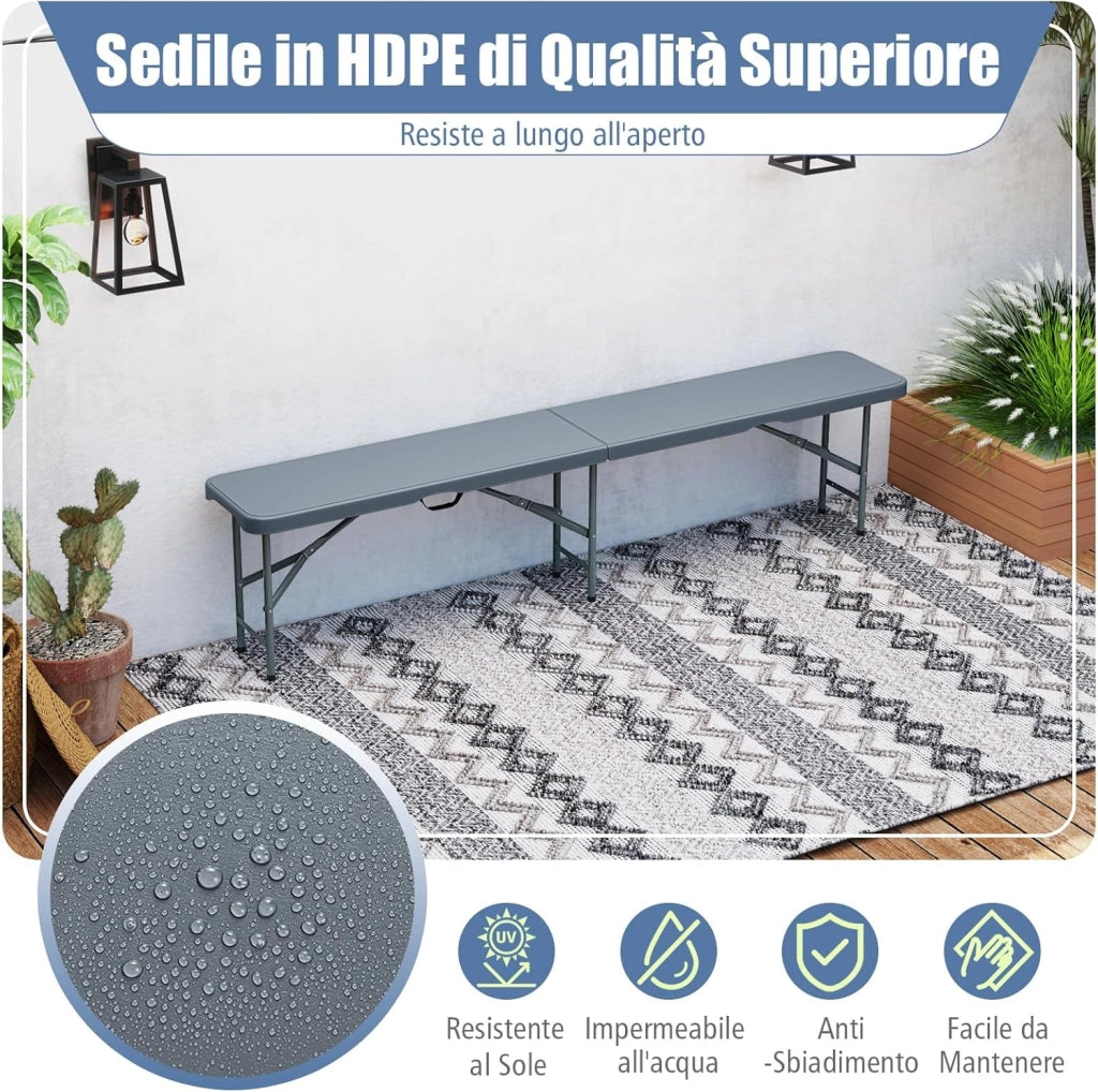 Panca Pieghevole in Plastica 180 cm, Sedile Portatile con Manico e Blocco, Panca da Campeggio in HDPE Rinforzato, per Giardino Campeggio Picnic, Portata 300 kg (Grigio)