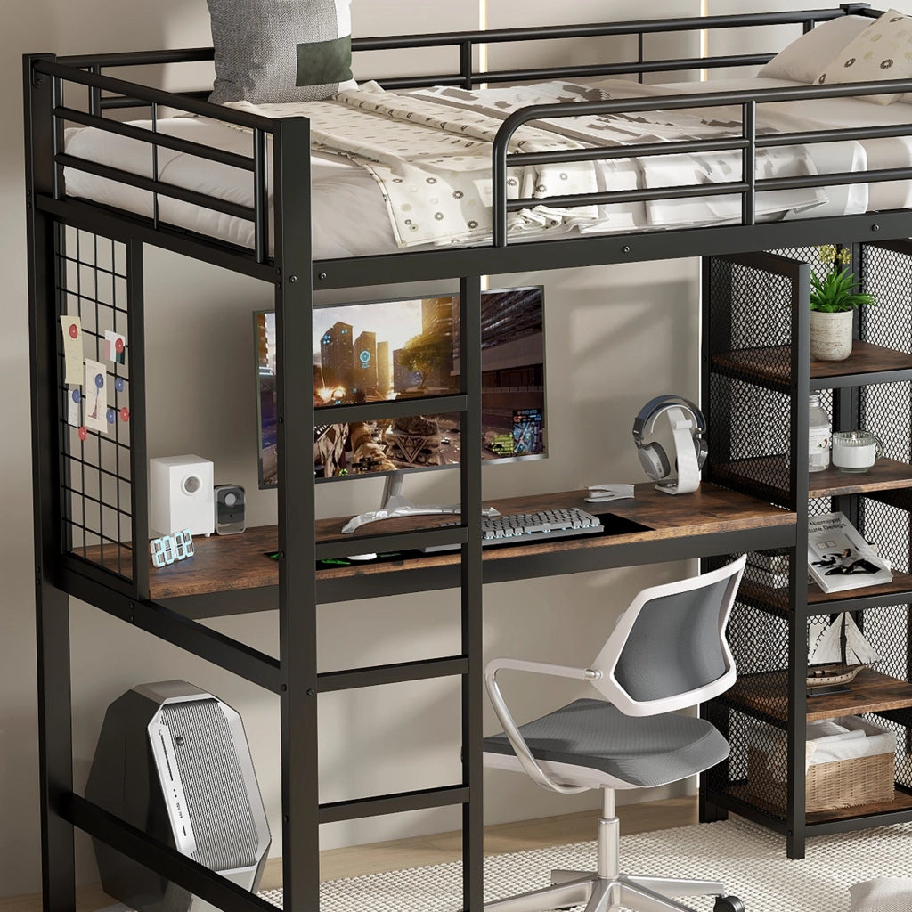 Letto a Soppalco Singolo con Scrivania; Scaffali e Griglia in Metallo 90 × 200 cm; senza Materasso