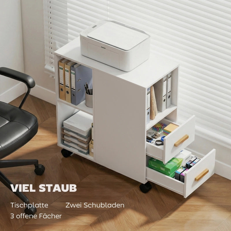 Mobile contenitore per stampante con 2 cassetti e 3 vani aperti, ripiano regolabile e ruote, per ufficio, bianco, 60 × 30 × 65 cm