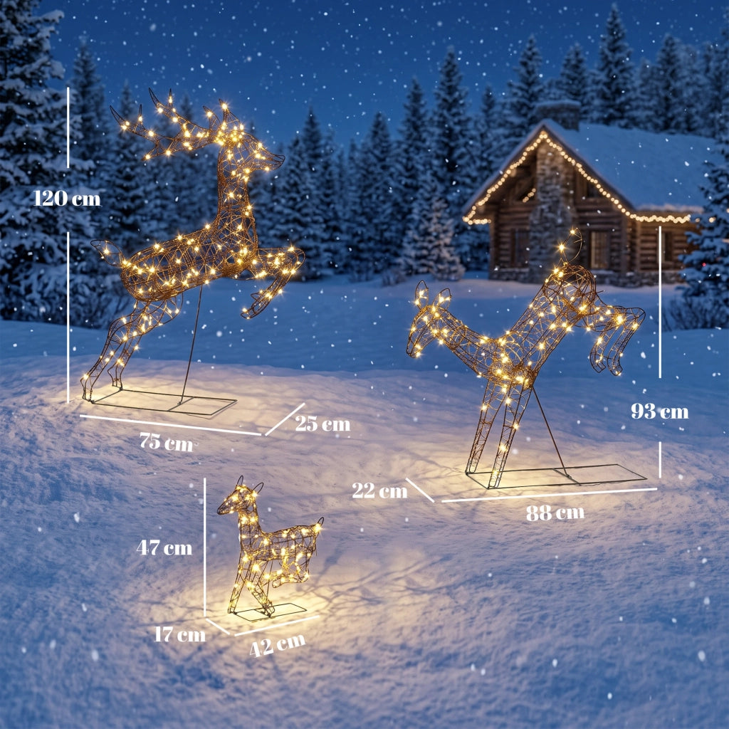 Set di 3 renne natalizie luminose, 120 cm, per esterni, con 200 LED bianco caldo, 8 modalità e timer.