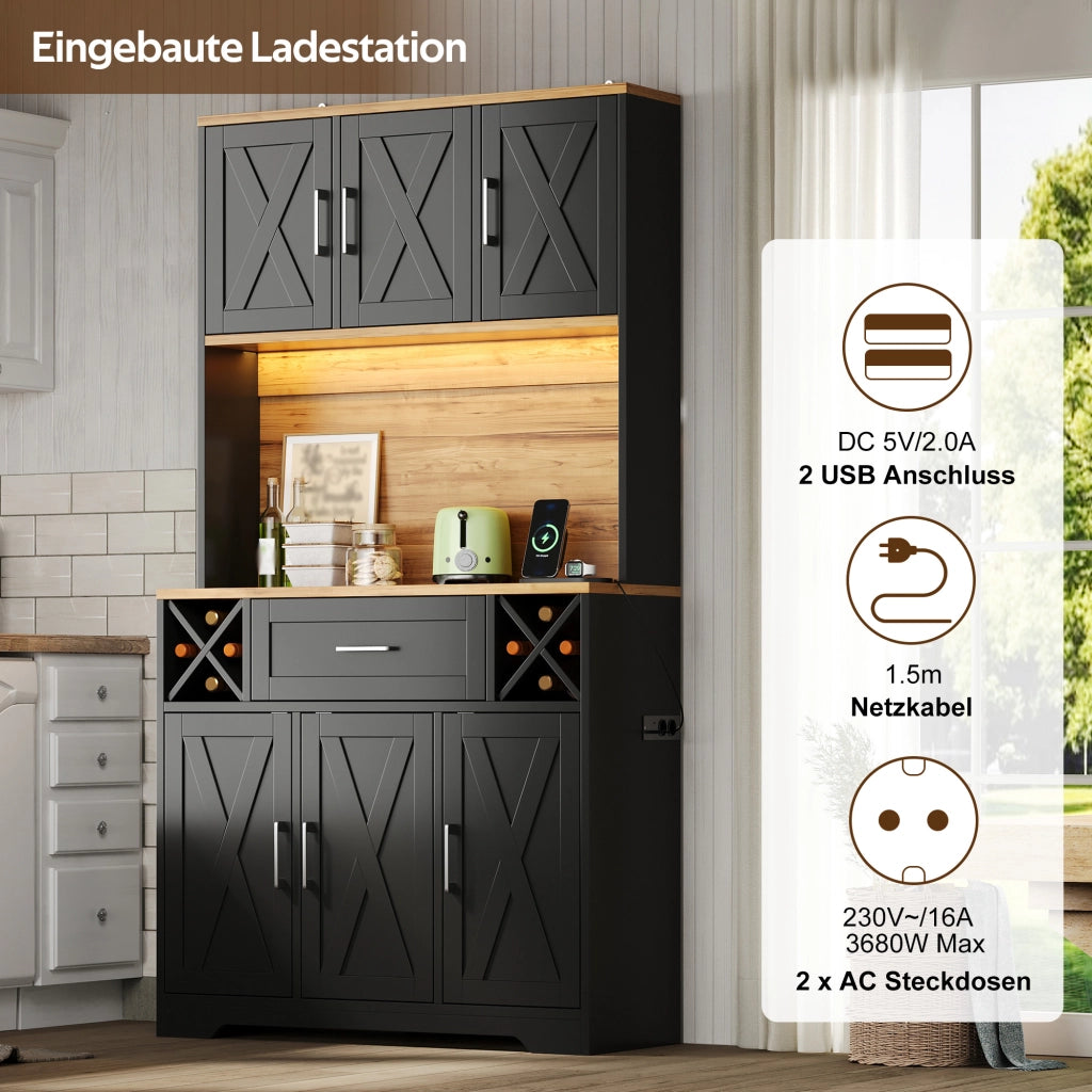 Credenza alta con LED RGB, 2 ante, 1 cassetto, vani aperti e portabottiglie, per cucina e soggiorno 105 × 40 × 180 cm