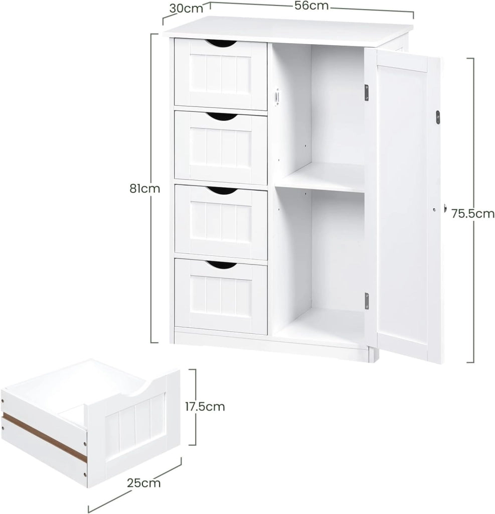 Mobile da Bagno Bianco Con 4 Cassetti e 2 Scomparti Regolabili, Portaoggetti per Camera da Letto/Corridoio/Cucina, 56x30x81cm
