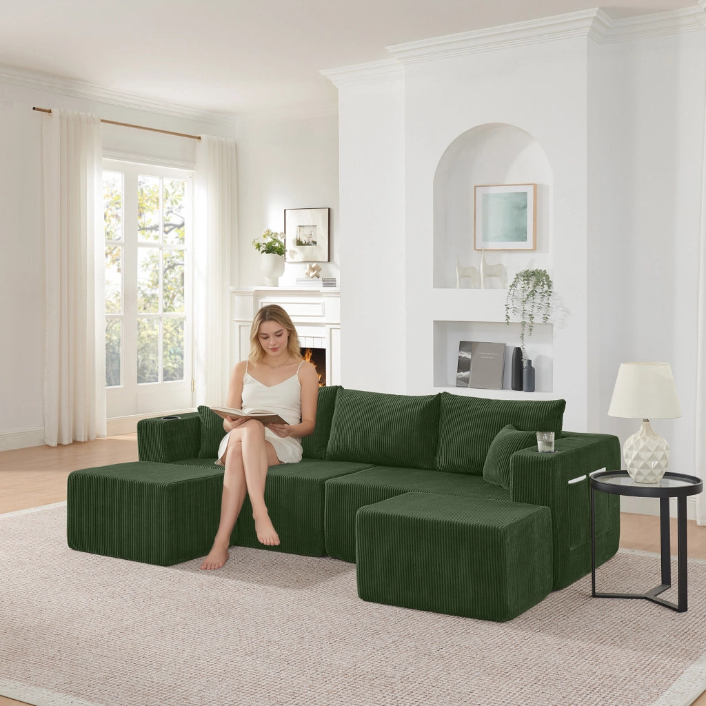 Divano angolare modulare 3 posti con pouf mobili portabicchieri tasche laterali e cuscini in velluto a coste verde