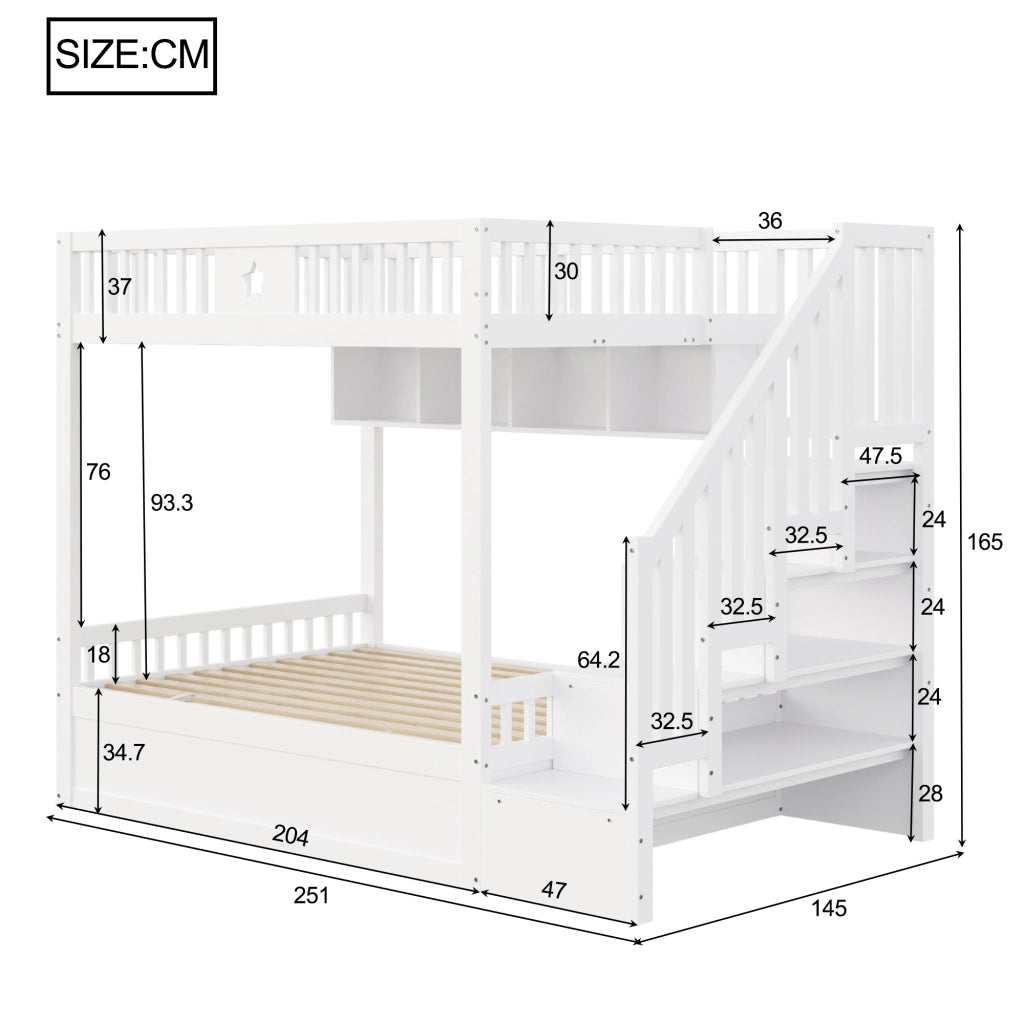 OKWISH Letto a castello 140×200 cm, Letto Matrimoniale con Contenitore idraulico, Scala con Contenitore e Mensole, senza Materasso, in Legno, Bianco