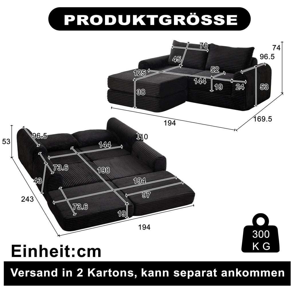 Divano letto modulare con pouf rimovibile e braccioli curvi, configurazione flessibile in velluto a coste nero