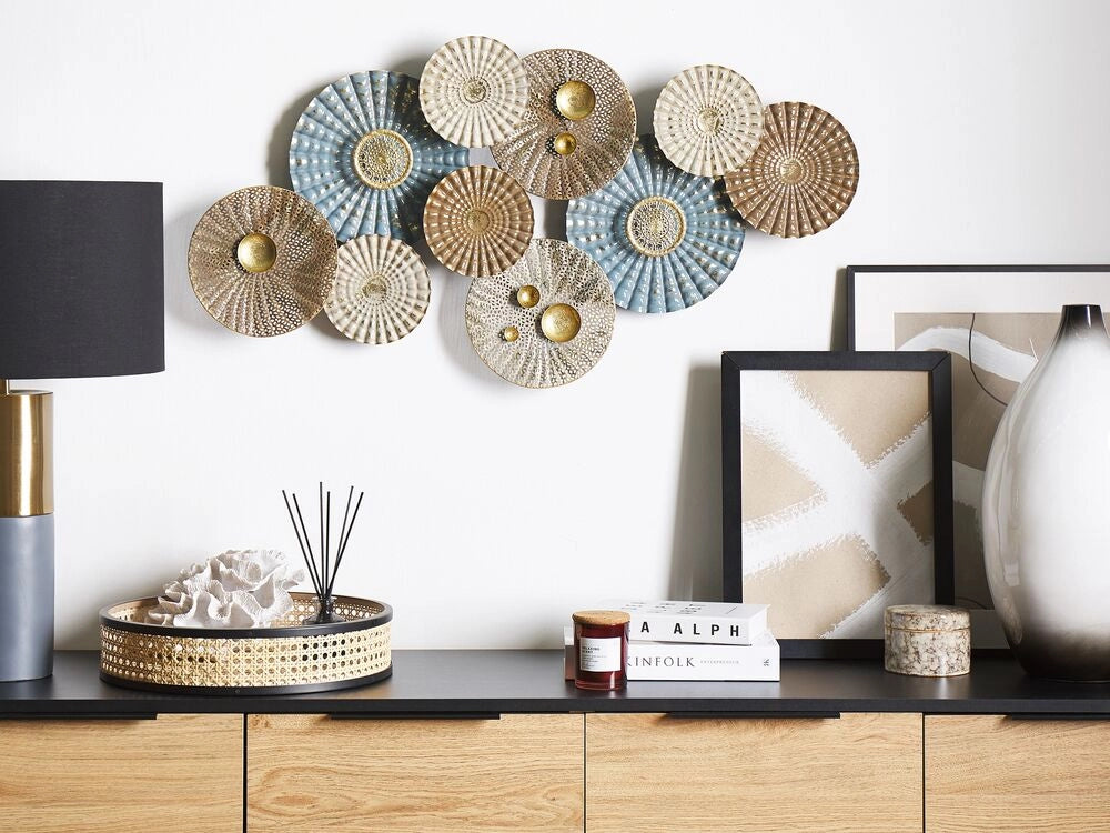Decorazione da parete Cerchi in metallo blu e beige arte da parete in stile moderno