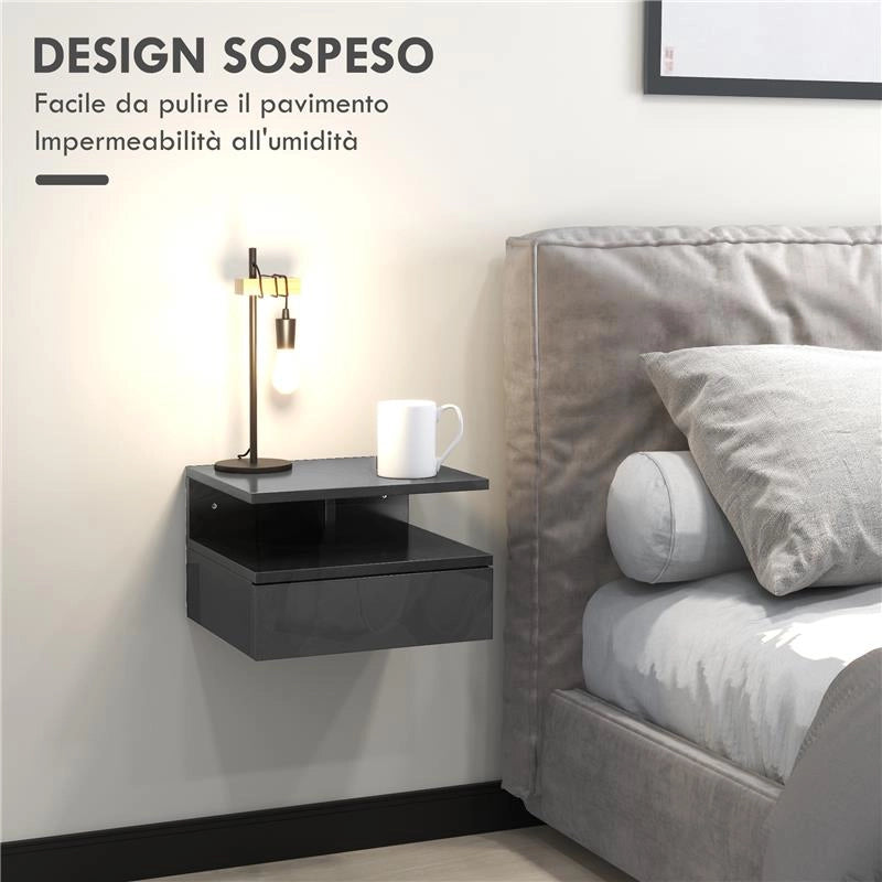 SET DA 2 COMODINI MODERNI SOSPESI CON CASSETTO E MENSOLA IN LEGNO 35X32X22.5CM, NERO LUCIDO