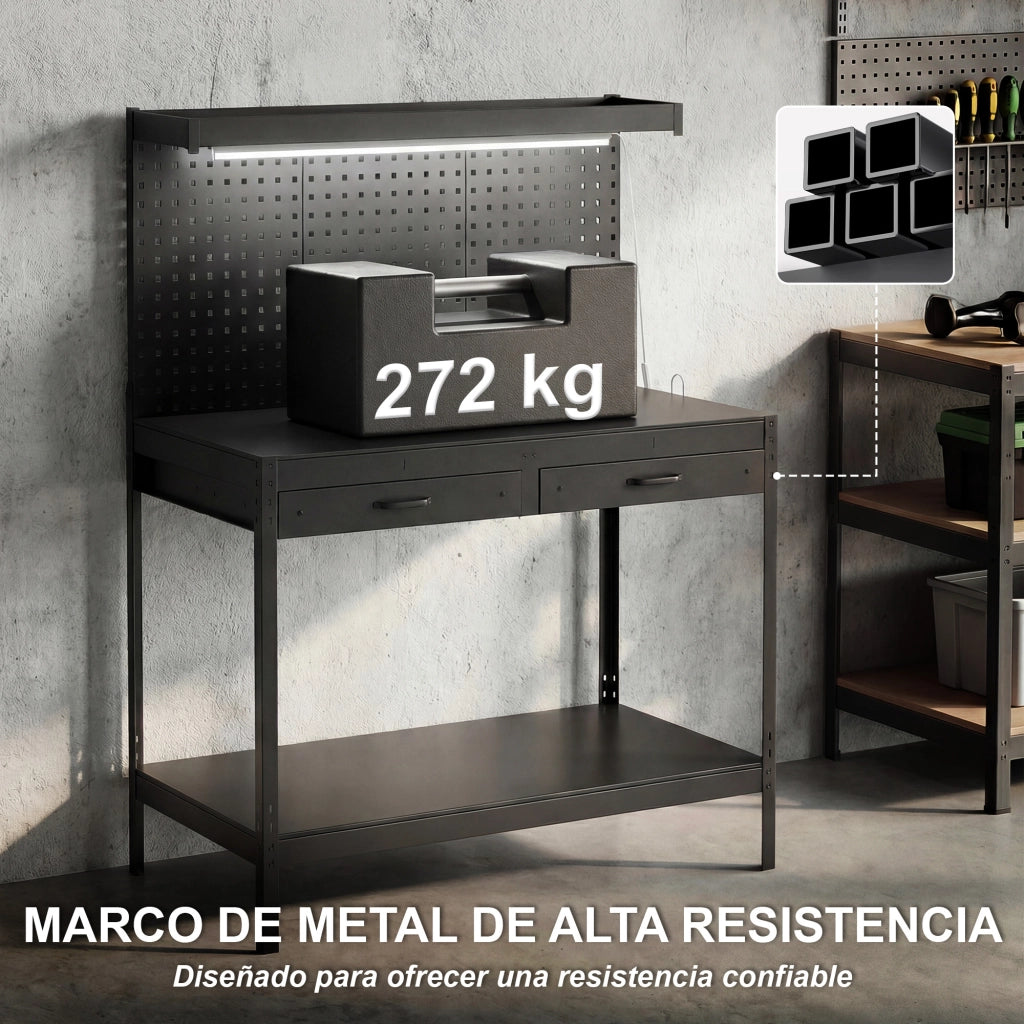 Banco da Lavoro con Cassetti, Luce LED e Presa Elettrica ¨C Zephmum ¨C Nero 110x60x150 cm