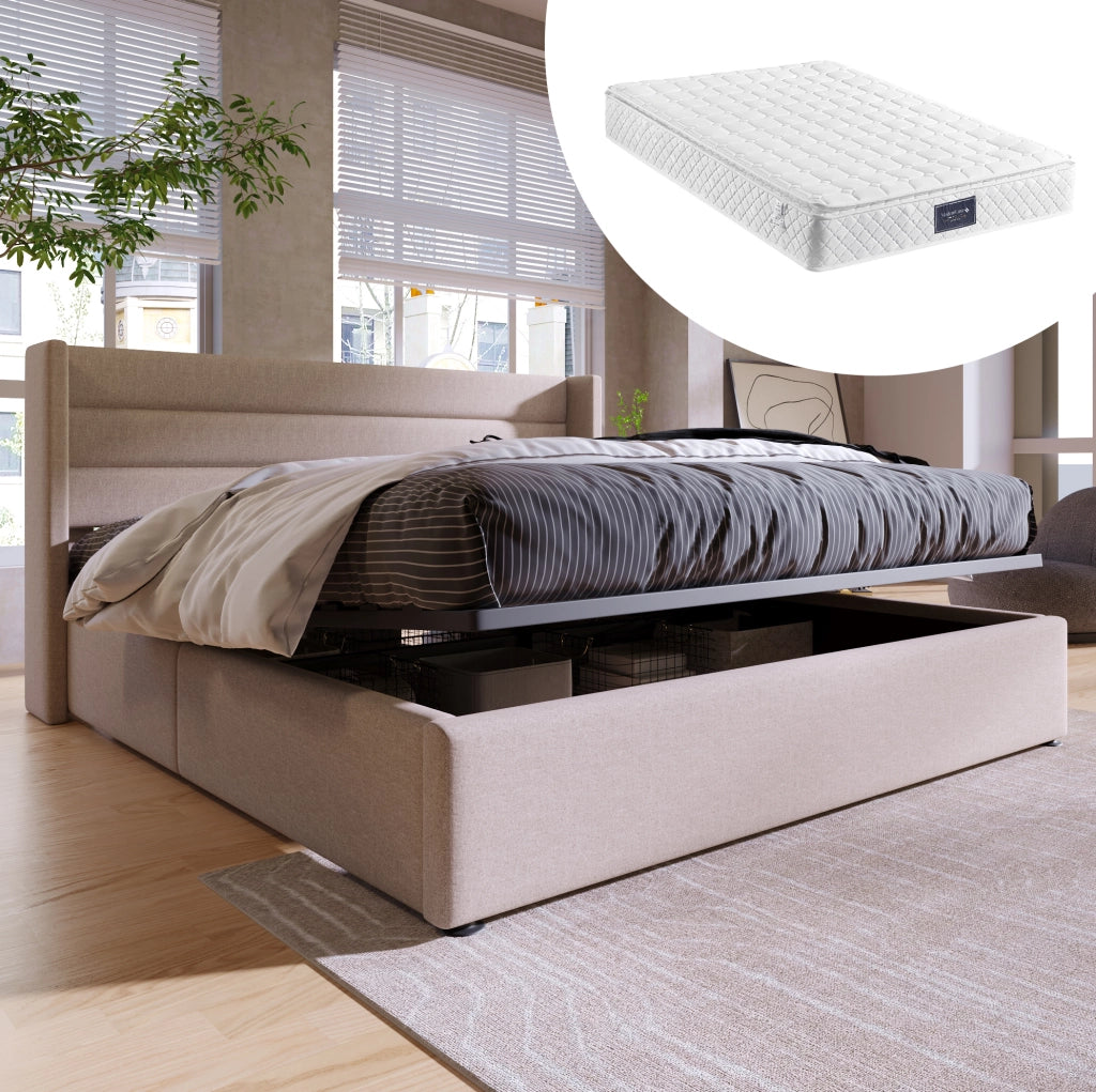 Letto imbottito contenitore idraulico 140x200 cm beige con materasso