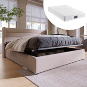Letto imbottito contenitore idraulico 140x200 cm beige con materasso